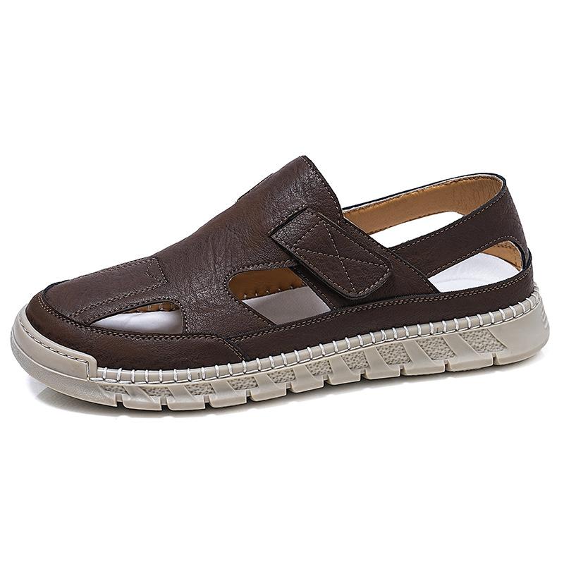 Baotou Hole Shoes Men's One-pedal Velcro Casual Men's Shoes Breathable Mesh Hollow Large Size Handmade Sandals