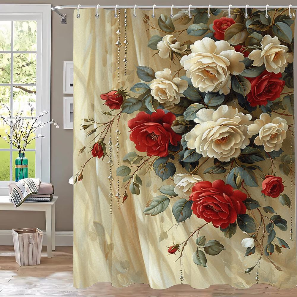 1 Piece Romantic Red Rose Flowers Shower Curtain, Bathroom Decorative Shower Curtain,Printed Polyester Home Curtain with Hooks