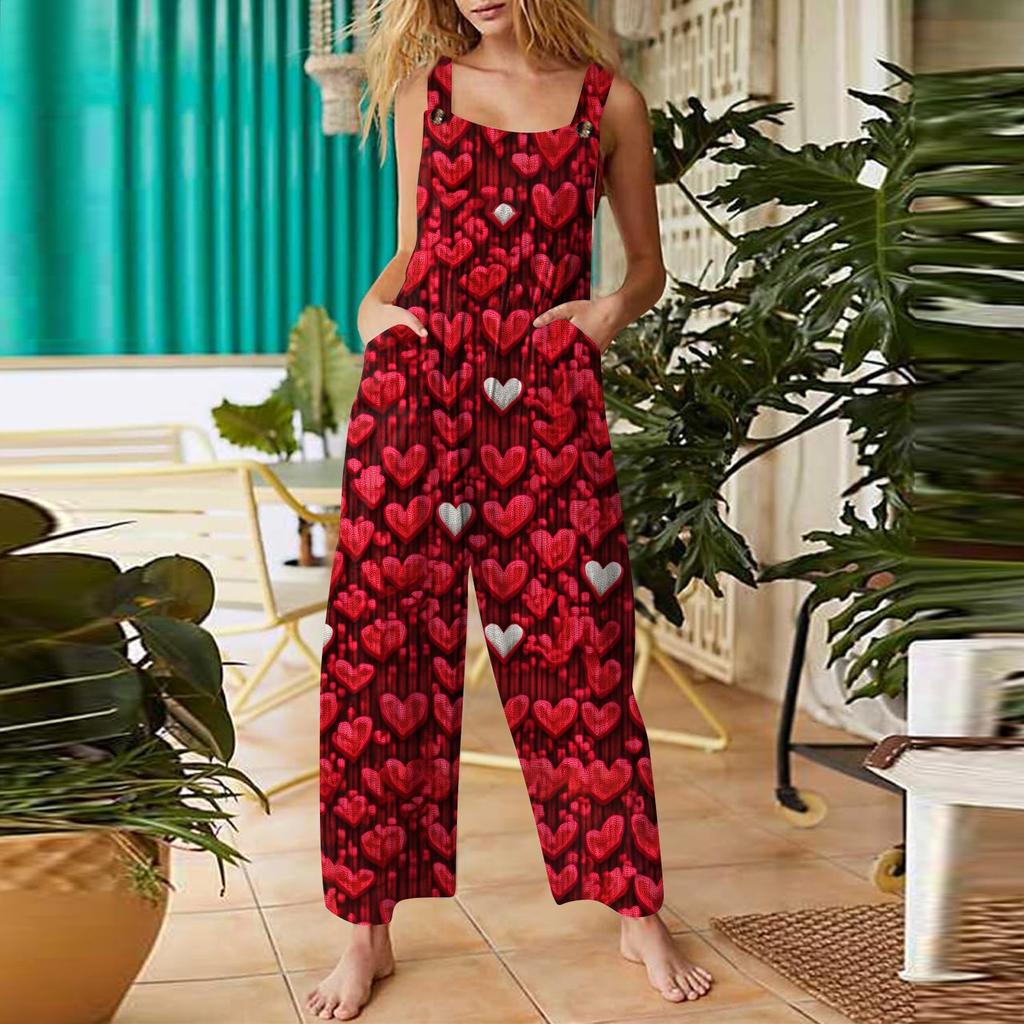 Women's Casual Jumpsuit Valentine's Day Heart Printed Cotton Jumpsuit