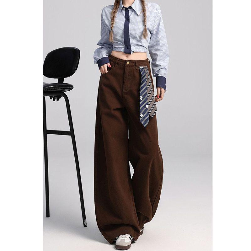Retro High-Waist Coffee Wide-Leg Jeans for Women - Loose, Slimming, Spicy Straight-Leg Pants