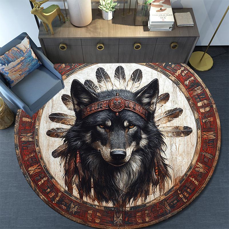 Wolf Chief Round Area Rug,Carpet Rug for Living Room Bedroom Sofa Playroom Decor,Non-slip Floor Mat