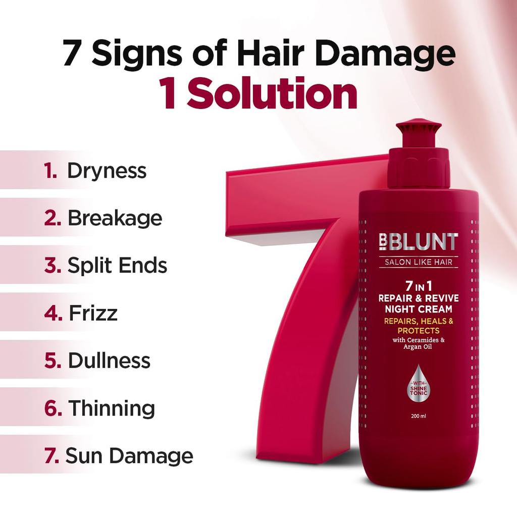 BBLUNT 7 in 1 Repair & Revive Night Cream for Hair Damage Repair, Frizz Reduction, 200ml