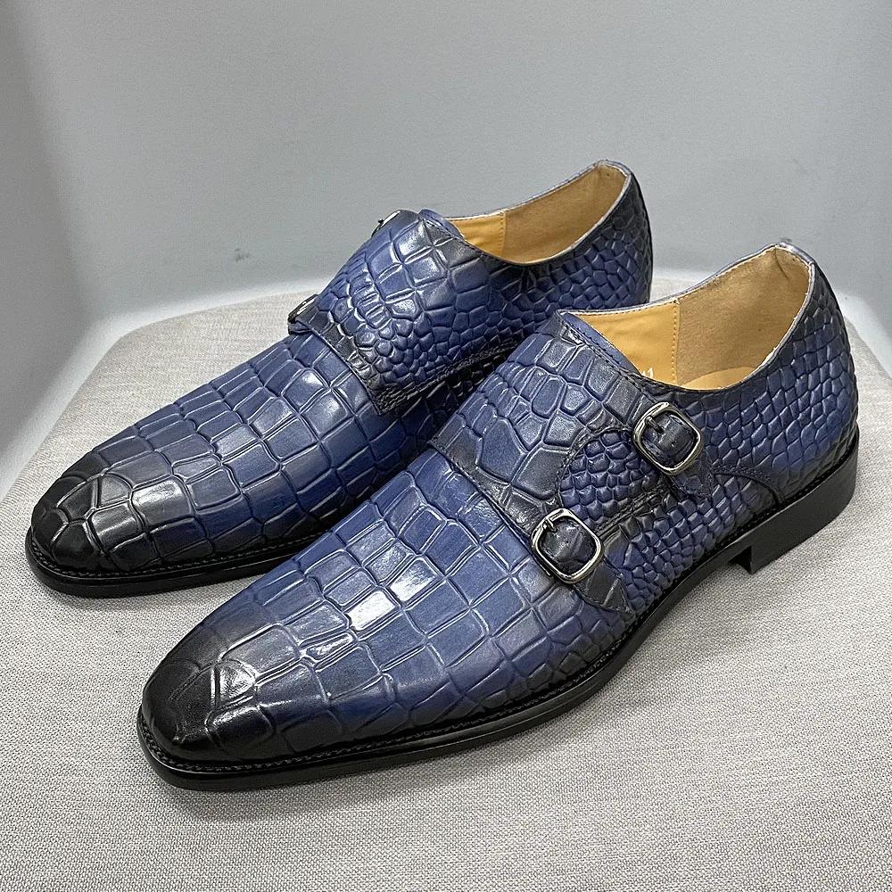 Fashion Men's Formal Shoes Genuine Cowhide Crocodile Pattern Monk Shoe Oxford Shoes Double Buckle Business Formal Shoes Size 38-47
