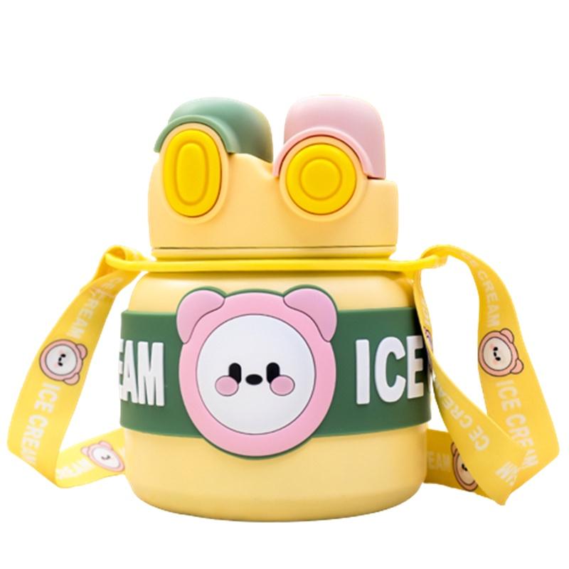 Lingpan Cute Cartoon Double Drinking Straw Big Belly Cup For Girls Outdoor Travel Shoulder Bag Water Bottle Large Capacity 850ml Barrel