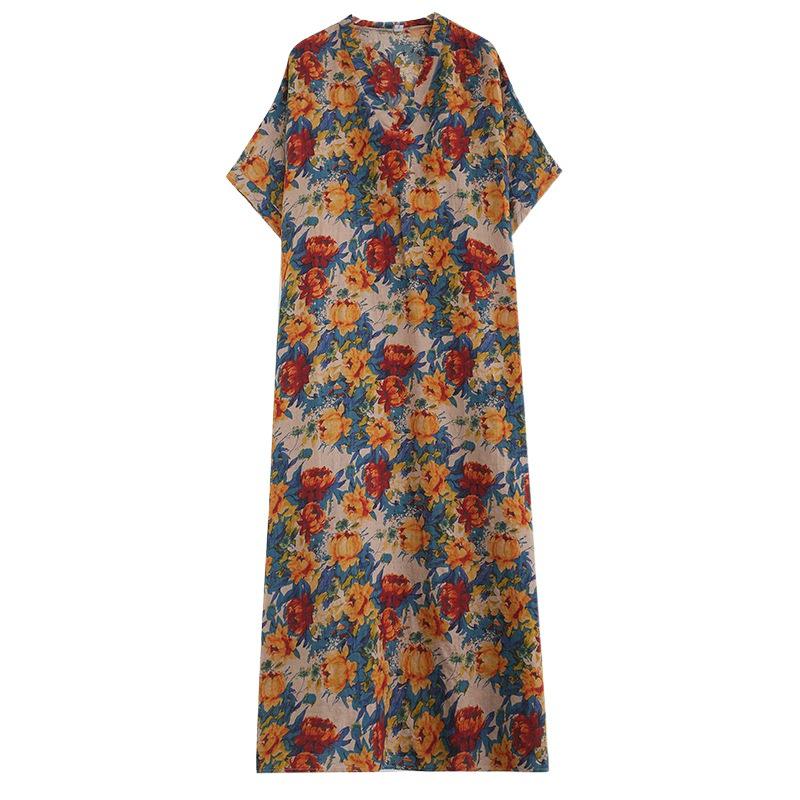 2024 Summer V-Neck Cotton & Linen Loose Retro Beach Dress for Women - Plus Size, Slimming, Long Robe Style