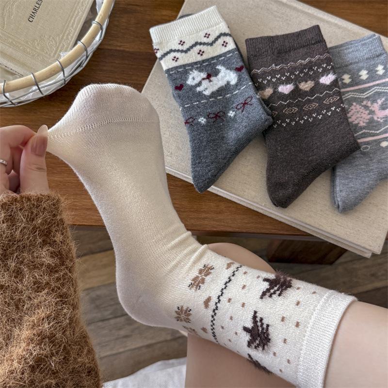 Women's Color-blocking Retro Mid-calf Wool Socks for Autumn and Winter, and Warm Cashmere Pile Socks for Winter