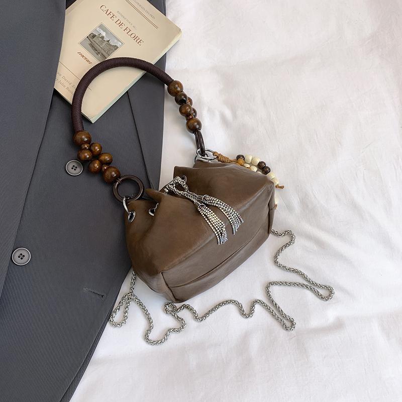 Beading Short Handle Underarm Bag For Women Retro Pu Leather Bucket Crossbody Bag Fashion Drawstring Handbag Trend Clutch Bag