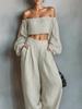 Neues Damen Minimalistisches Leinenmischung Ärmelloses Langarm Top Set mit Weit Bein Hosen