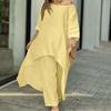Frühlings- und Sommer-Set aus Baumwolle und Leinen für Damen, 2-teilig, unregelmäßiger Saum, weite Hosenbeine, Outfits, lässig, elegant, locker, zweiteilige passende Sets