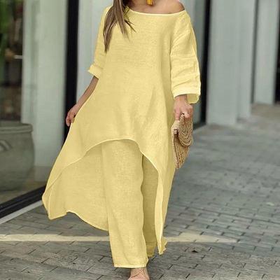 Spring Summer Women's Cotton Linen 2 Piece Set Irregularly Hem Wide Leg Pant Outfits Casual Dressy Loose Two Piece Matching Sets