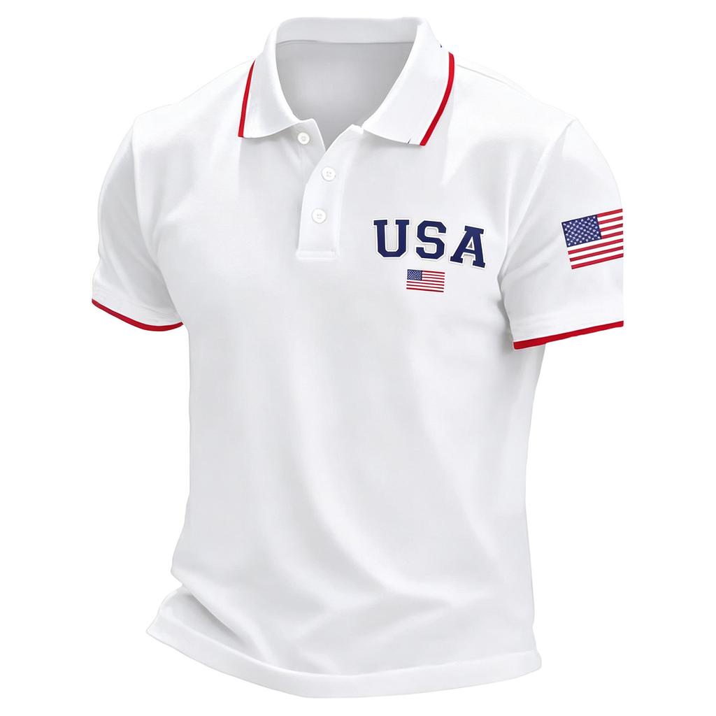 Men's Short Sleeve Polo Shirt Button Down Collar Classic Fit Casual Polo Shirt with Embroidered USA and Flag Patch