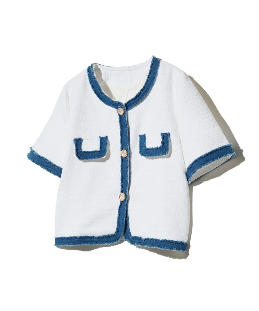 Vivabrown 85-Vivaj053 Color Shape Crop Tweed Half Jacket White