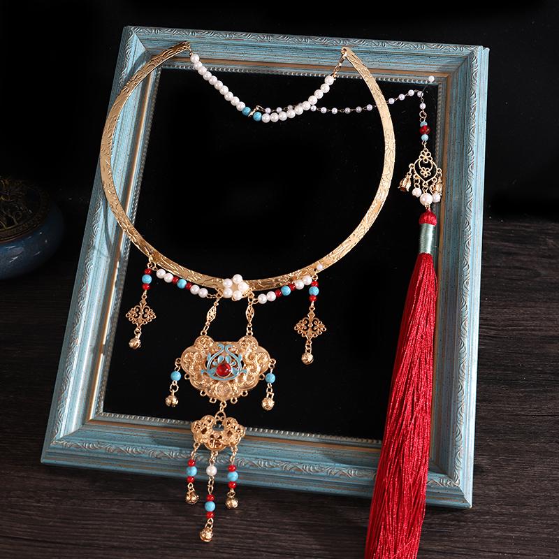 Golden Peace Lock Necklace - Ming Dynasty Hanfu Tassel Collar Accessory