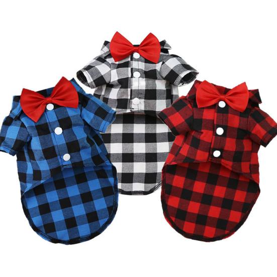 Pet T-Shirt Plaid Printing Bow-knot Decor Polyester Turndown Collar Dog Costume Shirt for Daily Life
