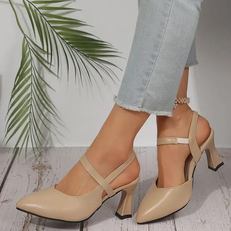 Fashion Women\'s Concise High Heel Sandals Plus Size Pu Leather Pointed Toe Office Sandals Summer Comfort Slingback Thin Heels Sandls
