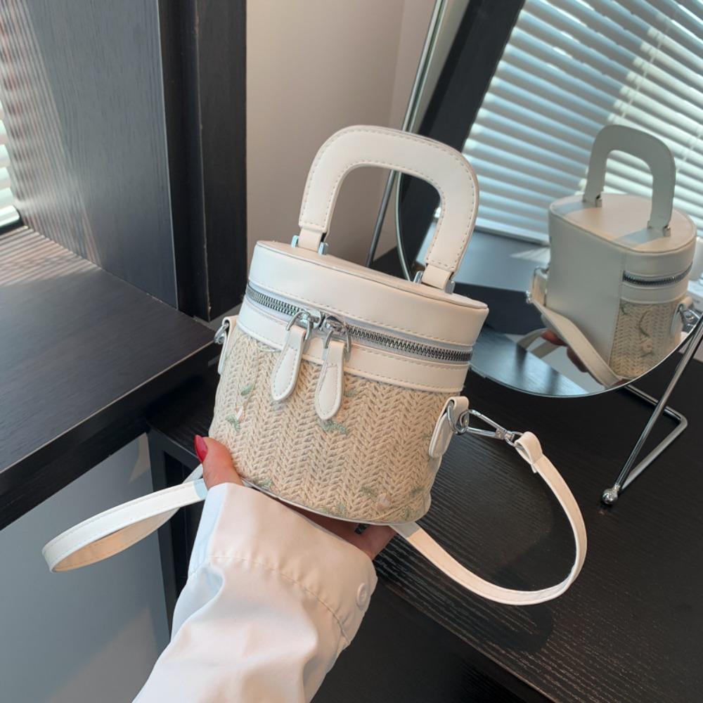 

Grass Woven Straw Bag Large Capacity Shoulder Bag Summer Small Bucket Bag белый