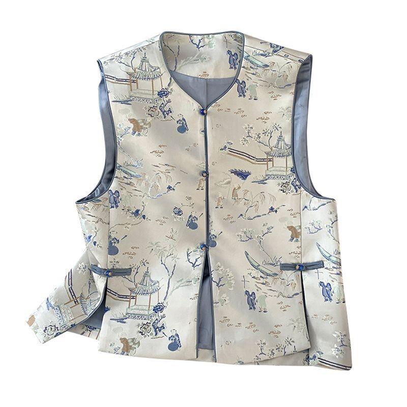 Early spring vest high-end embroidered jacquard sleeveless vest buckle vest for women