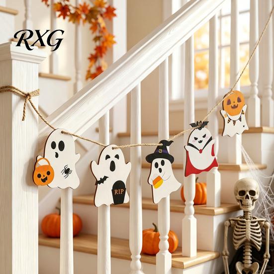 Halloween Party Supplies Ghost Wooden Hanging Sign with Hemp Rope, Cute Indoor Signs Pendants for Home Wall Decorations Outdoor Decor