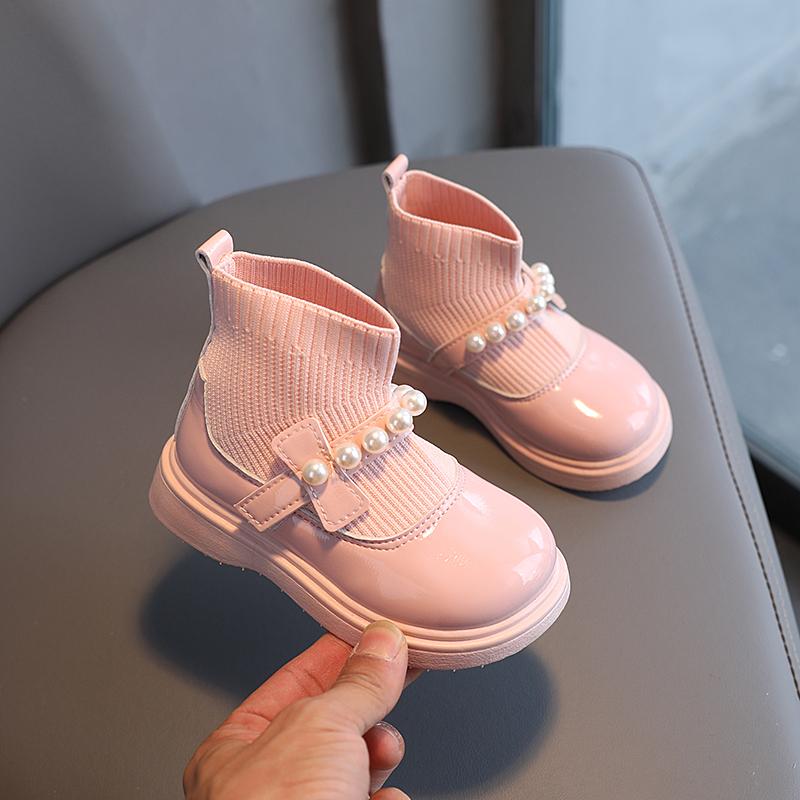 Girl's Short Boots Ankle-High Beading Autumn Fly-Woven Kids Sock Boot Wedges Flexiable Sweet Slip-on Toddler Children Boot 21-30
