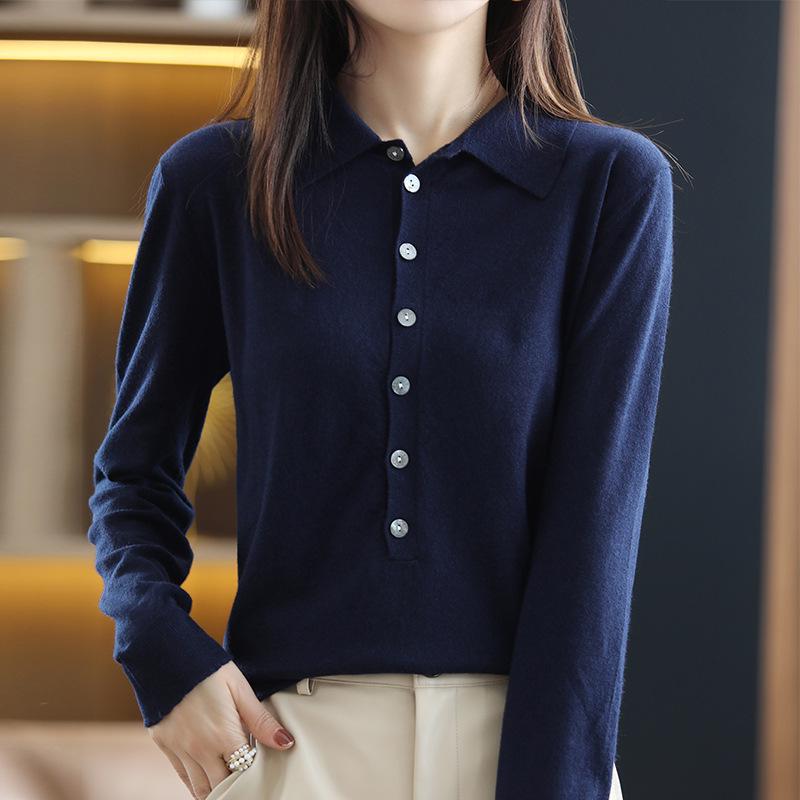 

Женский свитер поло из 100% сверхтонкой мериносовой шерсти - Легкий, рыхлой вязки для весны и осени Extra Large темно-синий