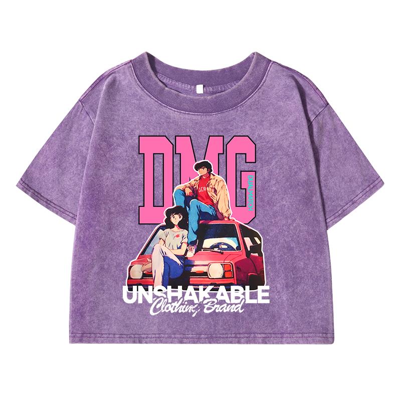 Japanese Retro Cartoon Characterprinting Female Washed Short Tshirt Breathable T Shirt Fashion Midriff-Baring Tops Women