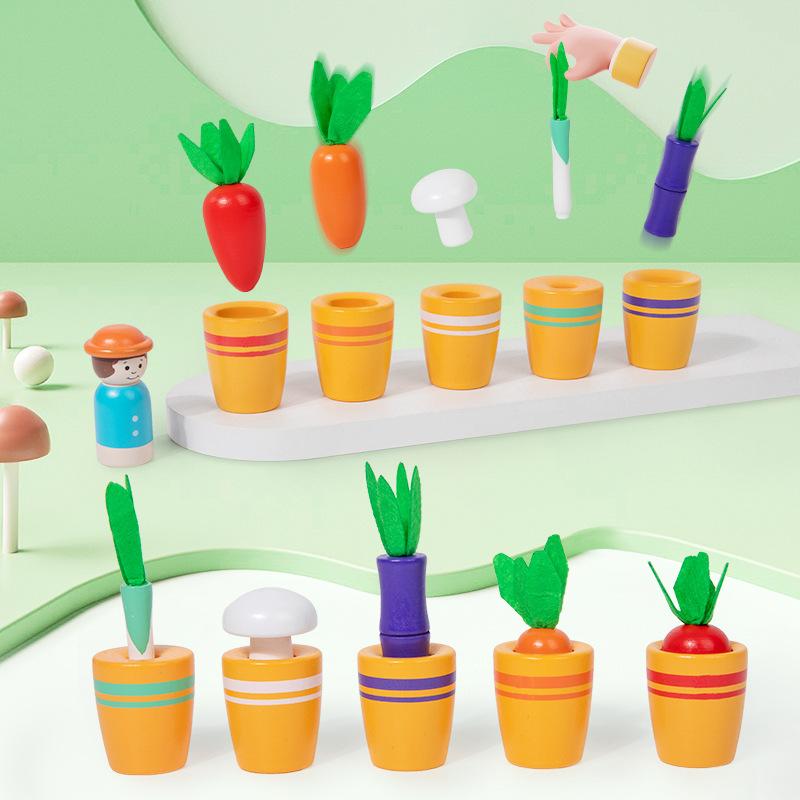 Children's Cute Flower Pot Planting Color Matching Game Vegetable Size Cognitive Thinking Training Puzzle Wooden Toys