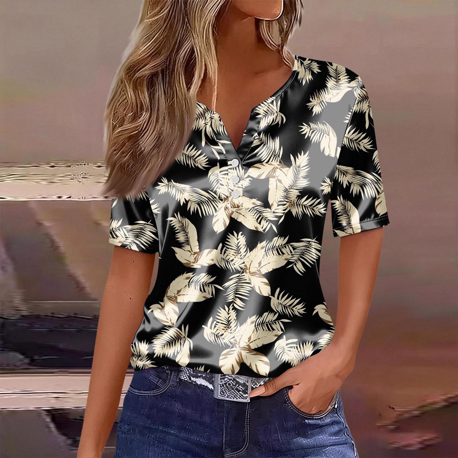 

Women s Fashion Casual Retro Print Collar Short Sleeve Button T-Shirt Top XL жовтий