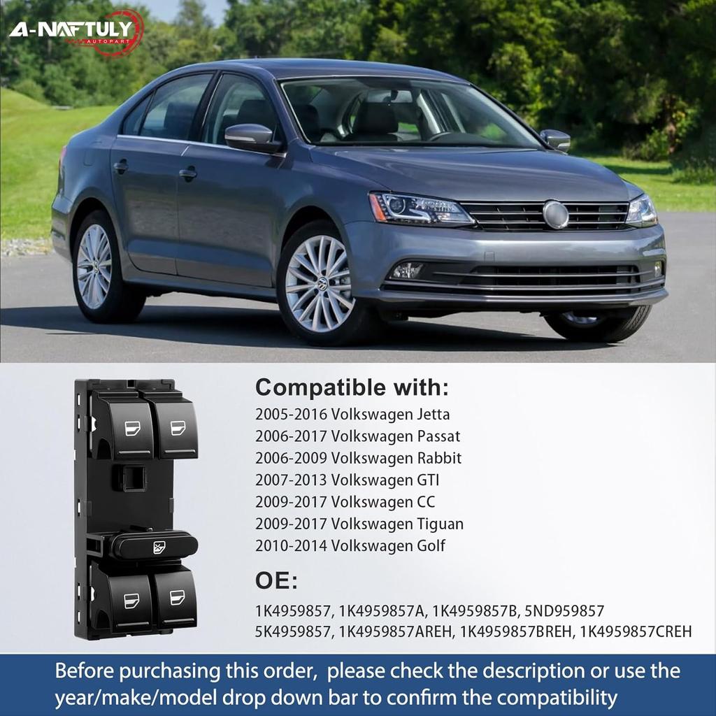 Driver Side Master Power Window Switch Replacement For Volkswagen VW Jetta 2005-2016, Passat 2006-2017, Golf 2010-2014, Rabbit, GTI, CC, Front Left,