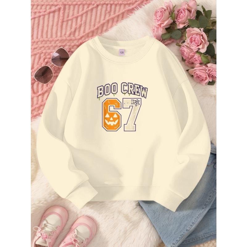 Kids Unisex Crewneck Sweatshirt, Halloween Boo Crew Pumpkin Spider Web 67 Number Long Sleeve Pullover, Sweatshirt for Boys Girls Over 4 Years Old