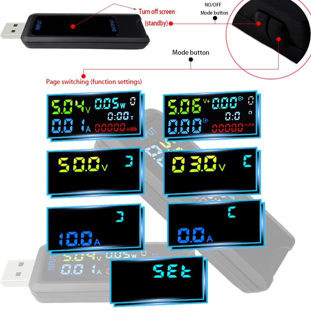 USB Type-C Tester Current Voltage Indicator Electric Ammeter Power Meter Charge DC Digital Multimeter Voltmeter Wattmeter