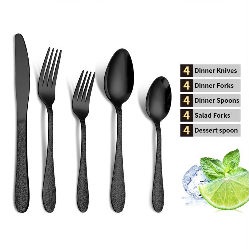 20pcs Cutlery Set Hammer Grain Mirror Finish Smooth Edge Stainless Steel Fork Spoon Set