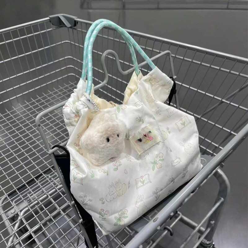 Large Capacity Women's Floral White Rabbit Canvas Tote Bag