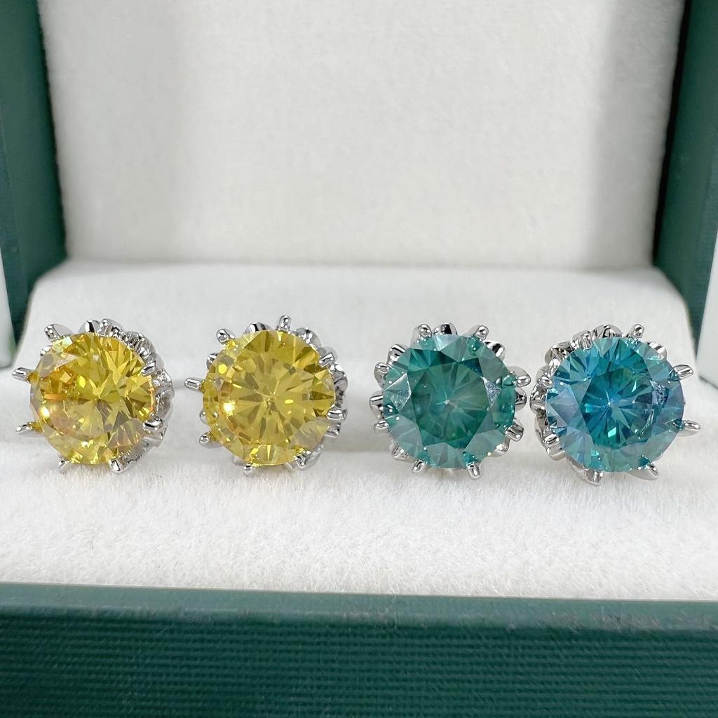 5a Blaugrüne Vermiculit-Ohrringe, 2 Karat, acht Krallenknospen, eingelegte Vermiculit-Blume, gelbe Diamant-Ohrringe