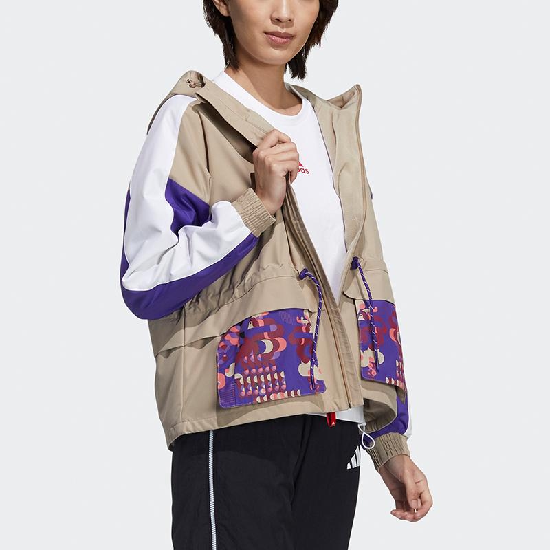 Adidas CNY Series New Year Patchwork Print Sport Hooded Jacket Women Outerwear Khaki-Brown GP0611