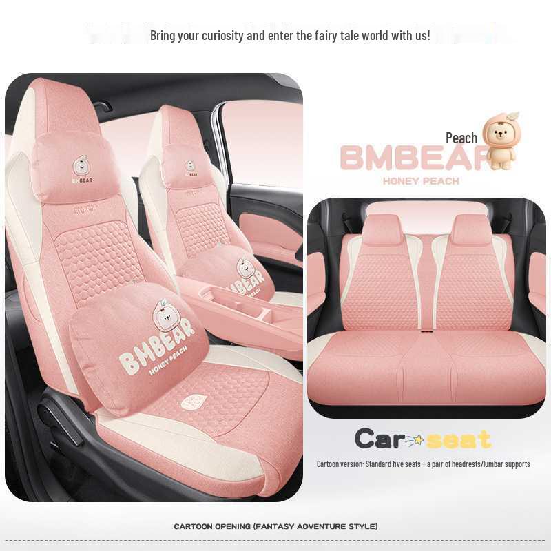 BYD Seagull Cotton & Linen Car Seat Cushions - Full-Coverage, Breathable, Cute Cartoon Design, Perfect for Women, All Seasons.