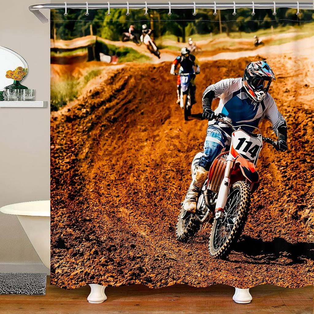 Dirt Bike Shower Curtain Boys Bathroom Bathtubs Motocross Rider Extreme Sports Bath Mountain Curtains Polyester Perfect For
