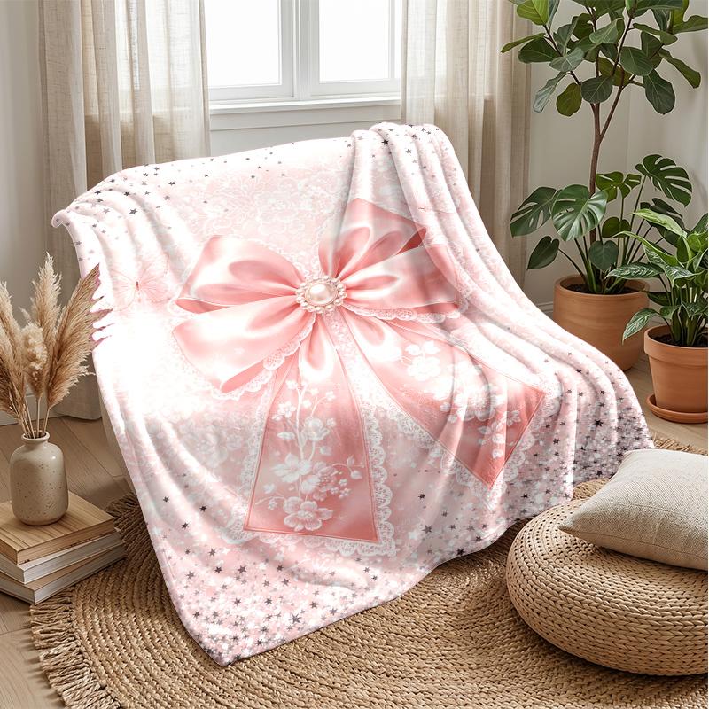 Elegant Pink Satin Bow with Lace and Butterflies Theme blanket Lightweight Warm Flannel Blanket Decorative Throw Blanket for Home Decoration