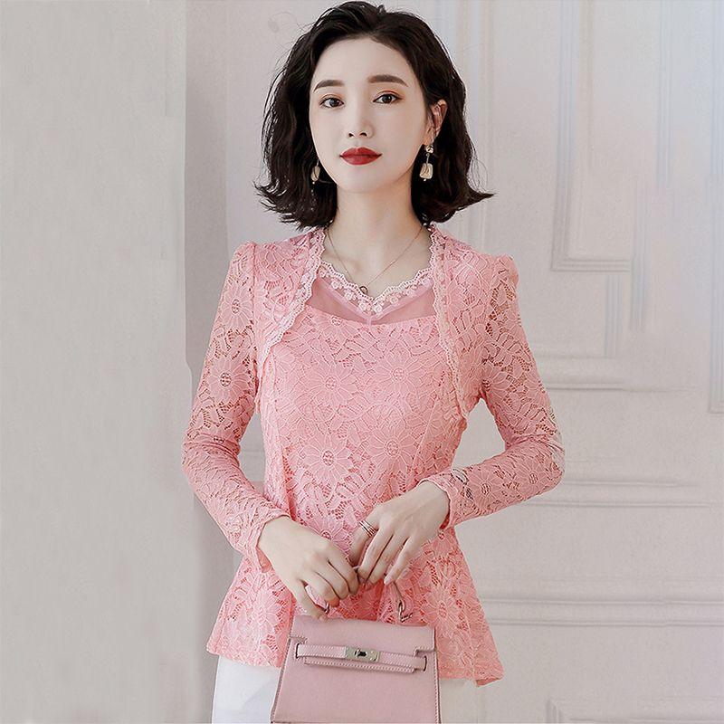 Bluză din dantelă Îmbrăcăminte pentru femei Negru Topuri noi Femei Elegantă cu mânecă lungă Cămașă albă cu decolteu în V