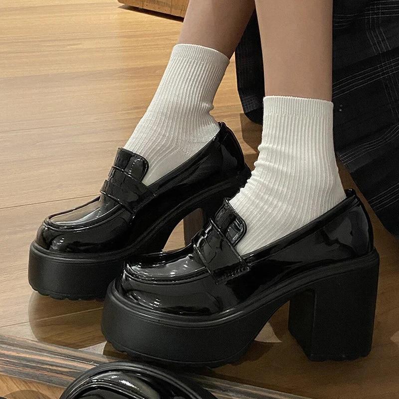 Damskie platformy mokasyny ze skóry PU Gotyckie Czarne Grube Wysokie Obcasy Czółenka Styl Preppy Buty do Uniformu JK