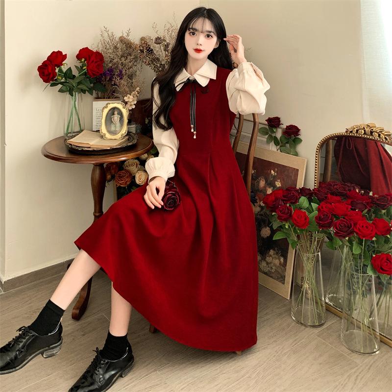 Dress Academy style long-sleeved retro Mori skirt temperament thin French long dress women's clothing autumn and winter new