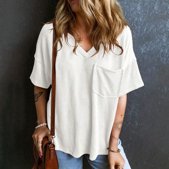 T-shirt da donna scollo a V manica corta T-shirt con finiture a taschino tinta unita casual top larghi abbigliamento quotidiano
