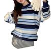 Large size loose contrasting color striped crew neck sweater women's autumn and winter Korean wear retro lazy style knitted sweater top women