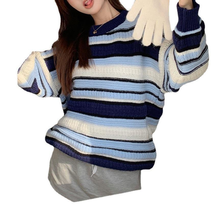 Large size loose contrasting color striped crew neck sweater women's autumn and winter Korean wear retro lazy style knitted sweater top women