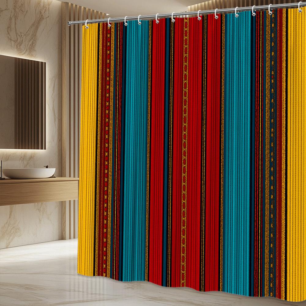 Colorful Stripe Shower Curtain Tribal Pattern Mexican Style Bold Colors Ethnic Decor Waterproof Free Hooks Included Non-Toxic