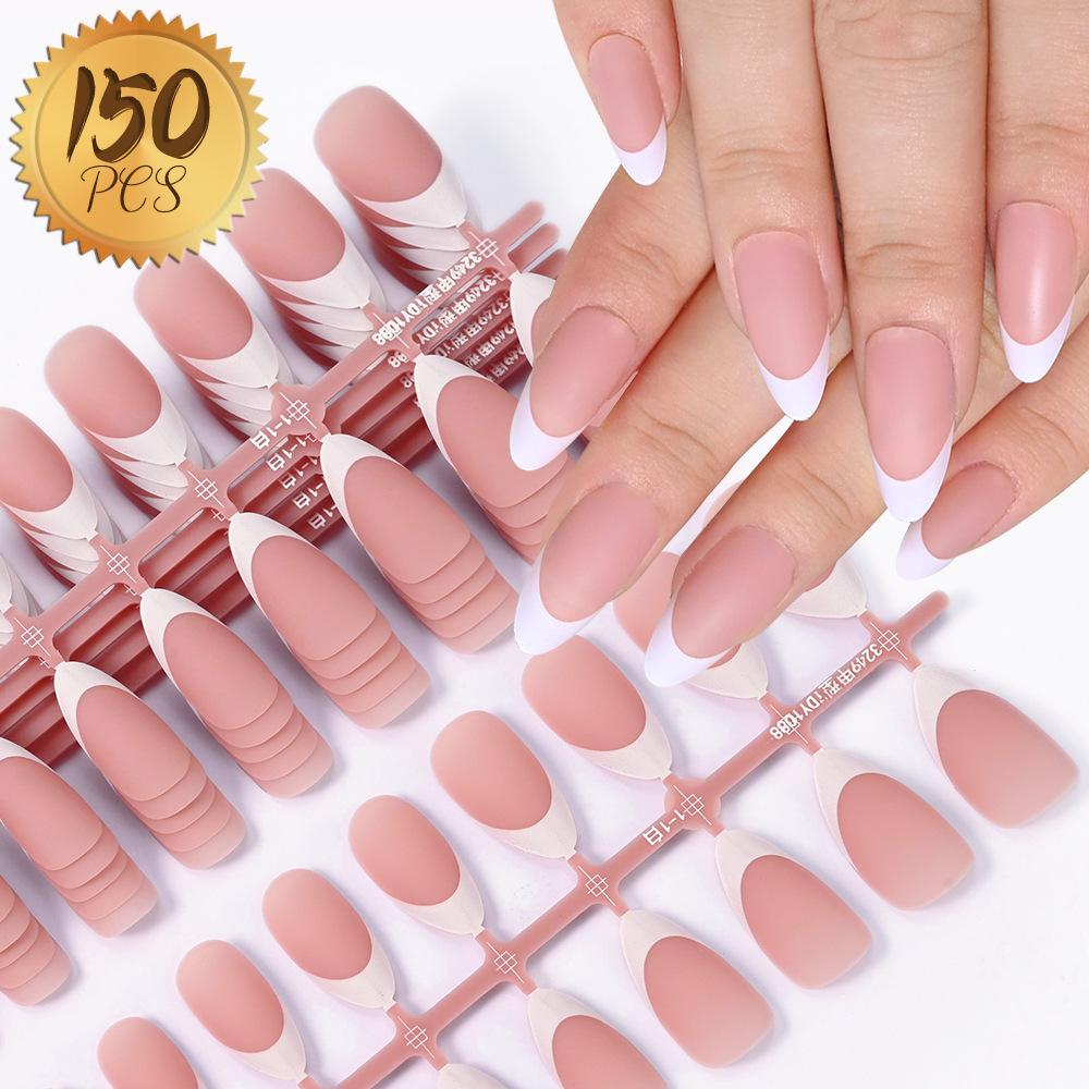 150 Stück Französische Weiße Kante Tragen Nagel Rosa Falscher Nagelstück Vollaufkleber Matt Maniküre Ultradünn Weiß