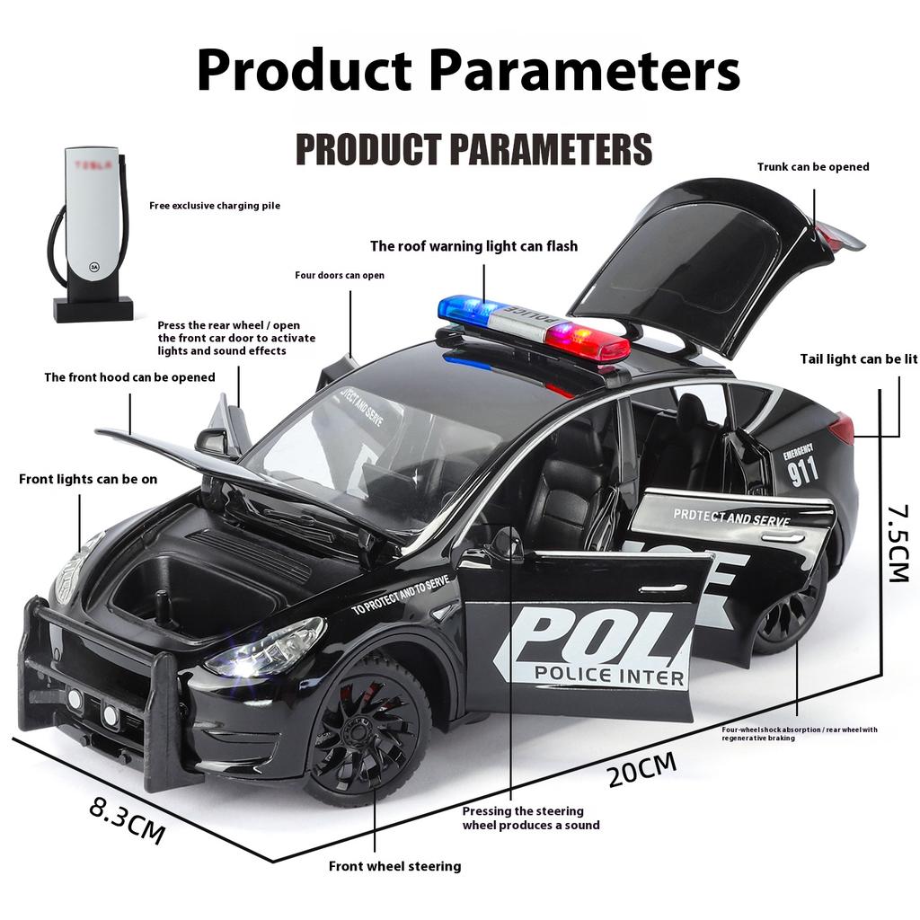 1/24 Metal Die-cast Tesla Armored Police Car Model Simulation Sound and Light Door Can Open Children's Toys Ornaments Birthday Gift