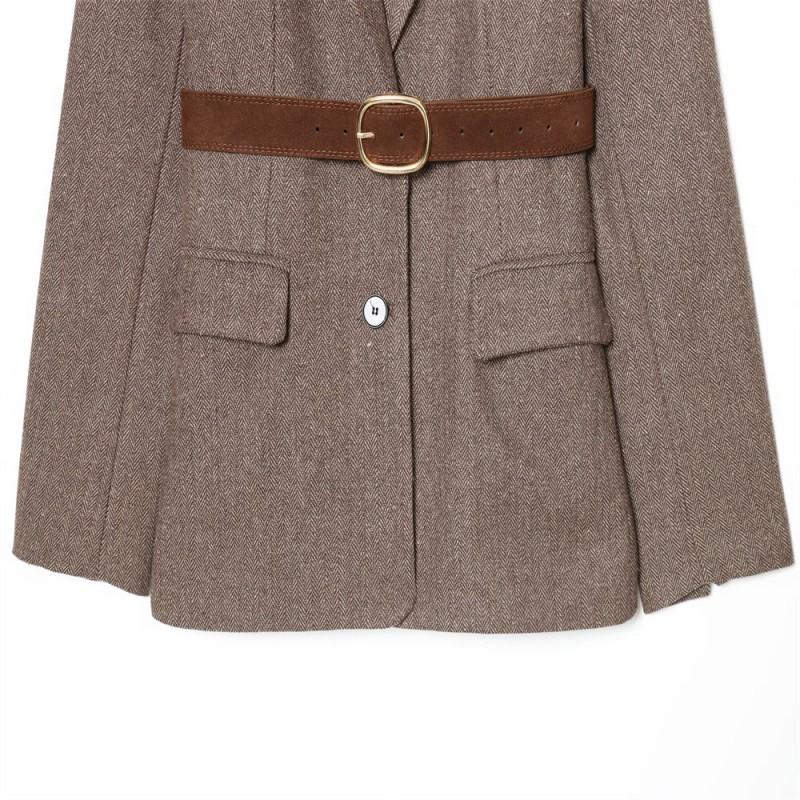 Womens Casual Long Sleeve Blazer With Belt Twill Suit Jacket Loose Fit Commute Style
