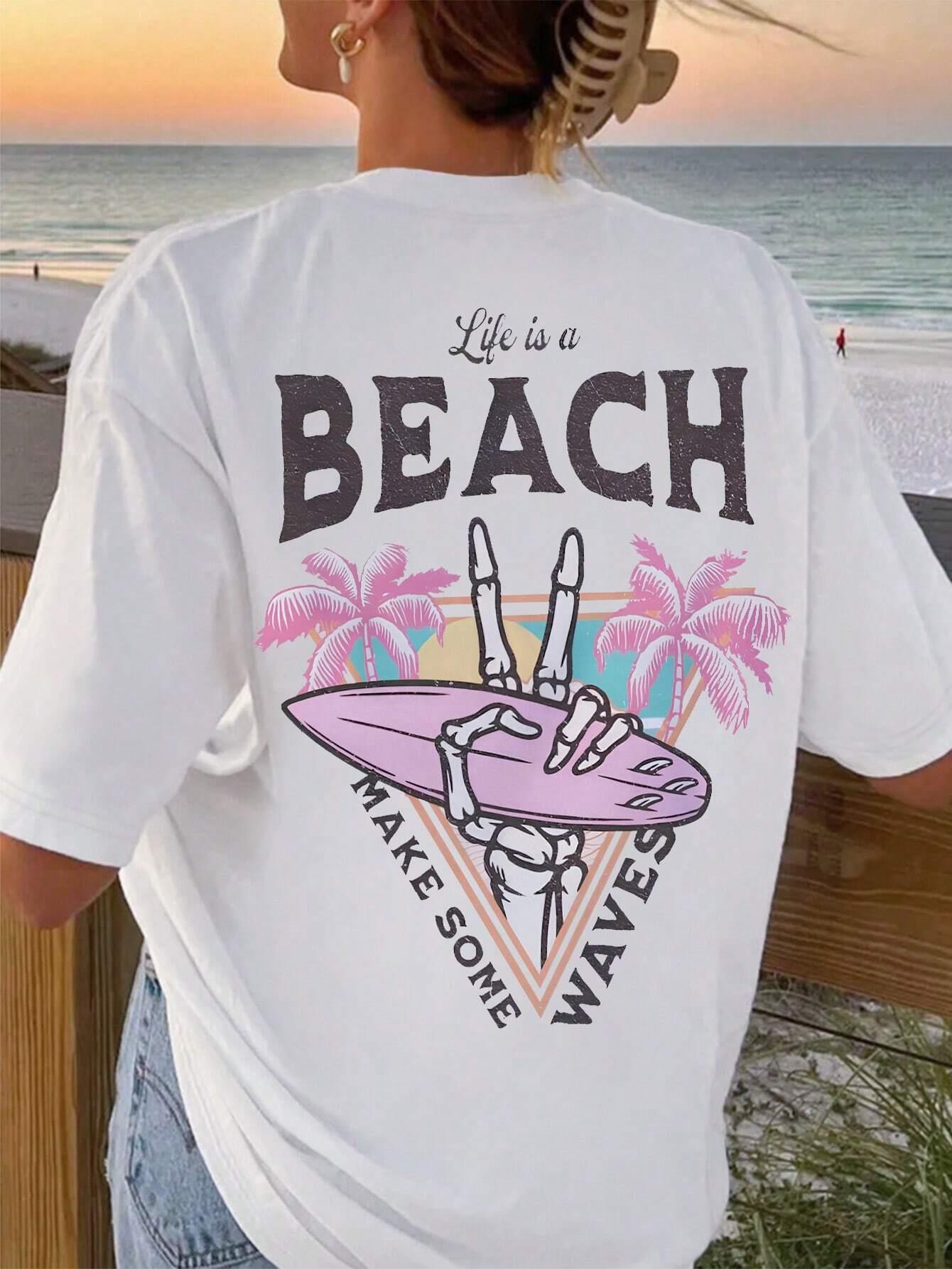 

Life Is a Beach Letter Printing Cotton Tshirts for Women Summer Casual Comfortable Short Sleeve Loose ONeck Female Clothes S