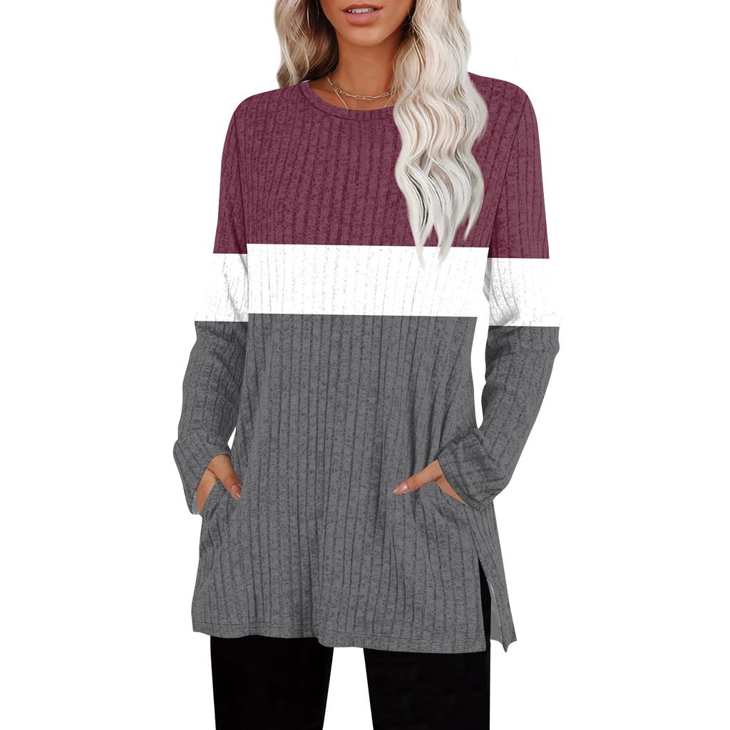 Женские свитера с круглым вырезом, рубашки с длинным рукавом и карманами, осенние наряды, модная зимняя одежда, боковой разрез