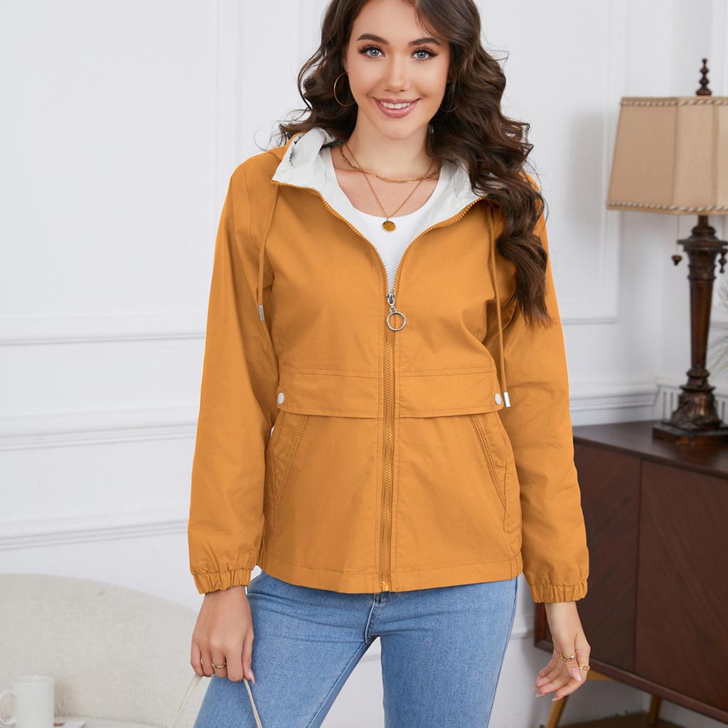 Women's Casual Color Hooded Windbreaker Jacket Long Sleeve for Outdoor Sports